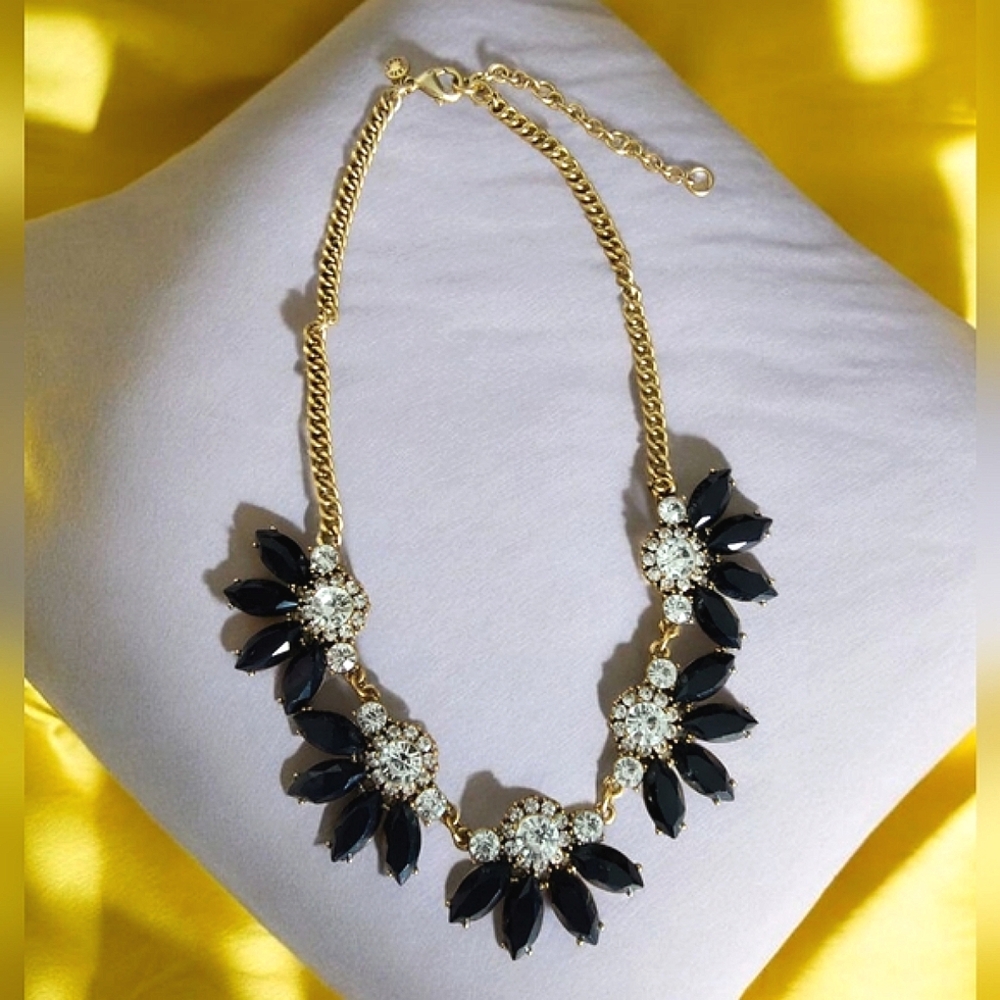 J. Crew Gold Tone Black & Clear Rhinestone Statement Necklace Signed